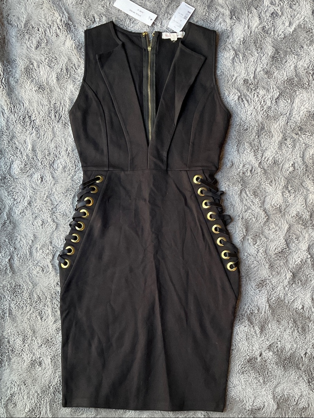 Black Lace-Up Sheath Mini business Dress with Gold Eyelet Detail